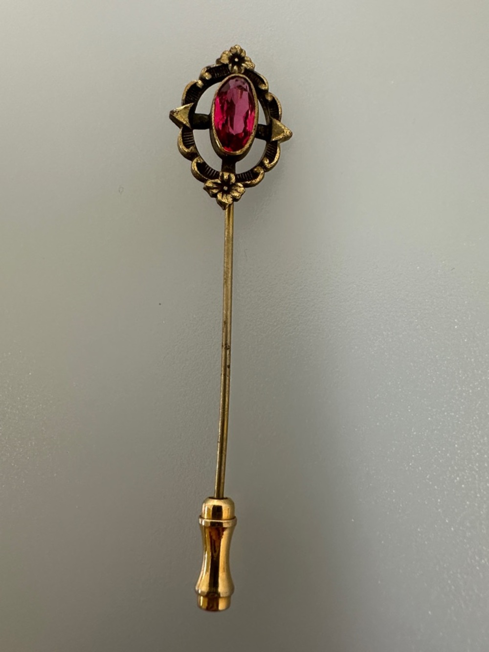Vintage Gold-Tone Stick Pin Brooch with Deep Pink Oval Stone